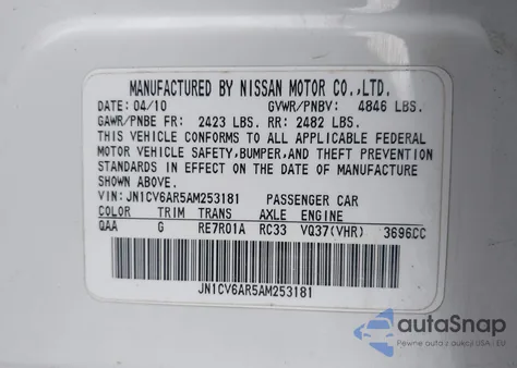 2010 Infiniti G37X z USA, uszkodzony, nr VIN JN1CV6AR5AM253181